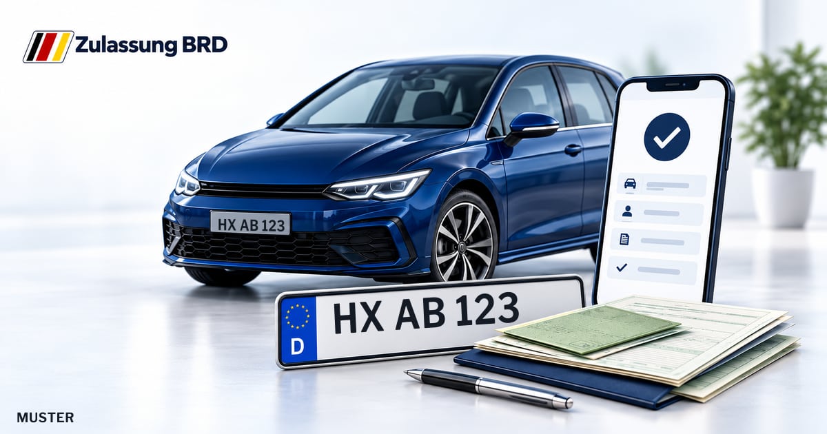 Online Fahrzeugzulassung in Höxter: Musterkennzeichen HX AB 123, Auto und Fahrzeugpapiere und Smartphone. Illustration mit Logo von Zulassung BRD.